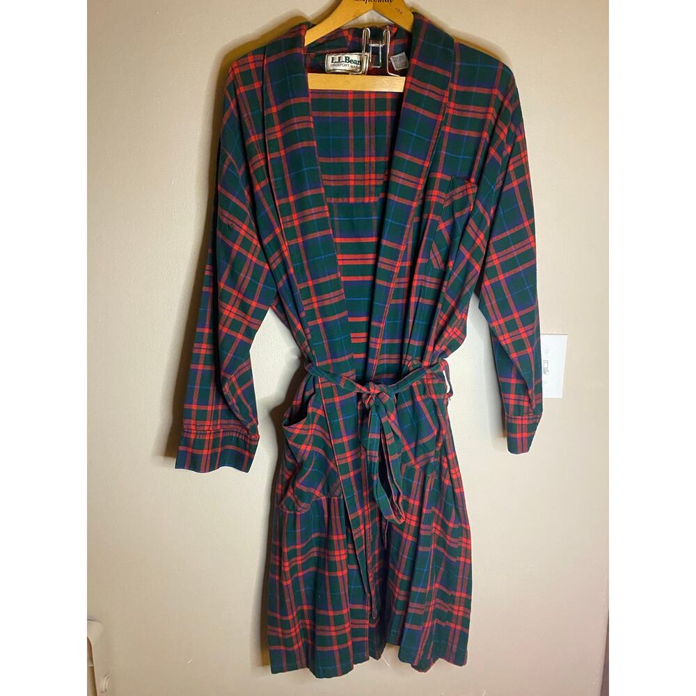 Vtg LL Bean Flannel Plaid Robe House Lounge Cotton Red Scotch Old Tag Made USA*